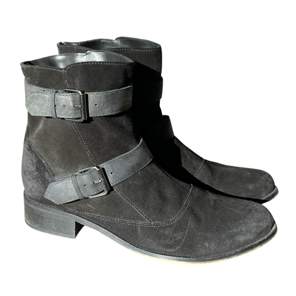 Long Tall Sally Short Black Buckle Boots Black Suede Leather Women’s Size 9